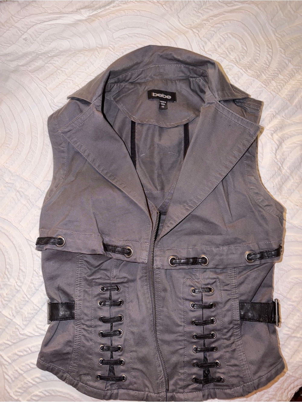 bebe Gray Lace-Up Utility Vest with Grommet Details